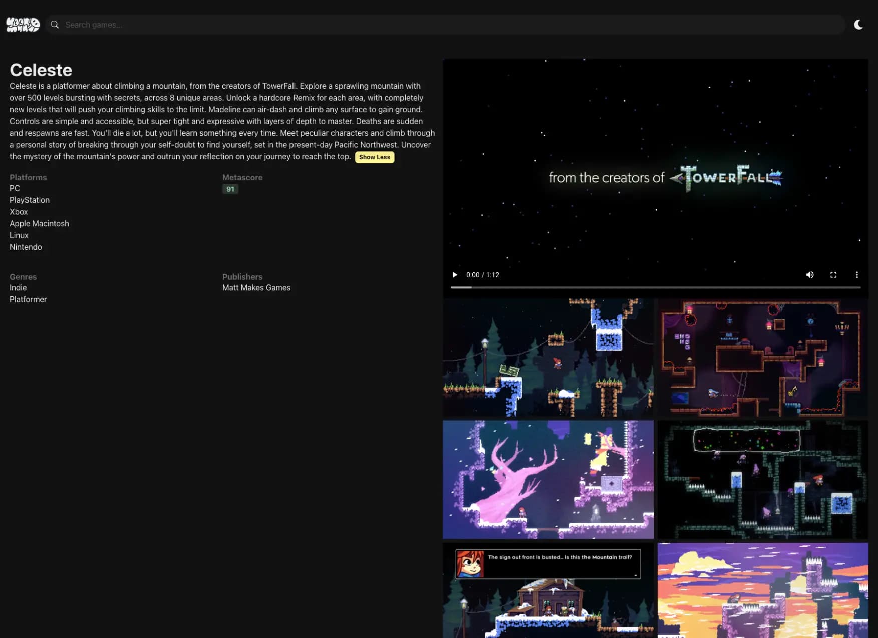 Video game discovery app web development screenshot.