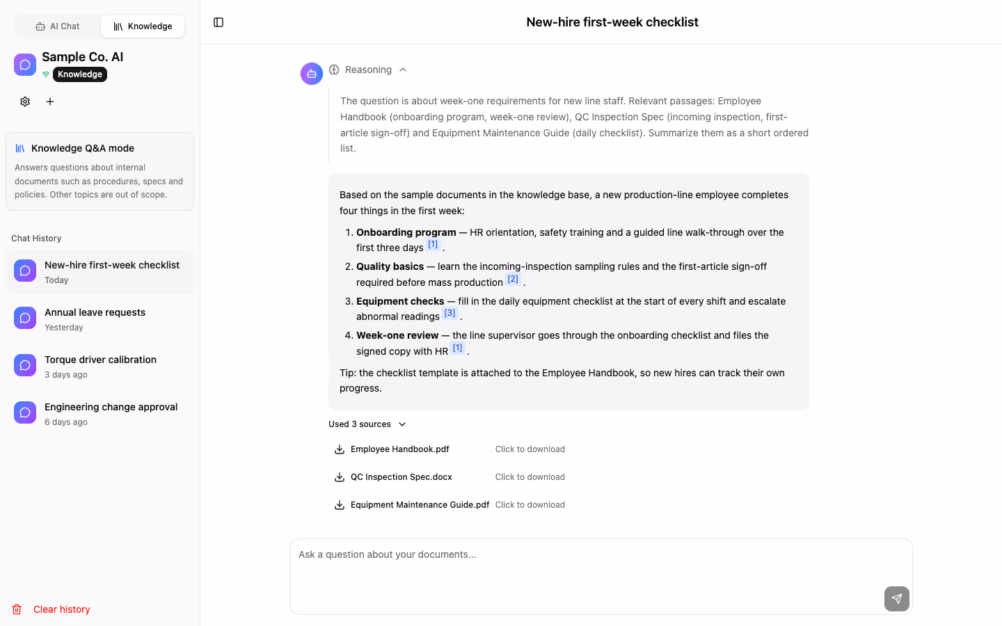 Knowledge assistant — reasoning trace plus the list of source documents